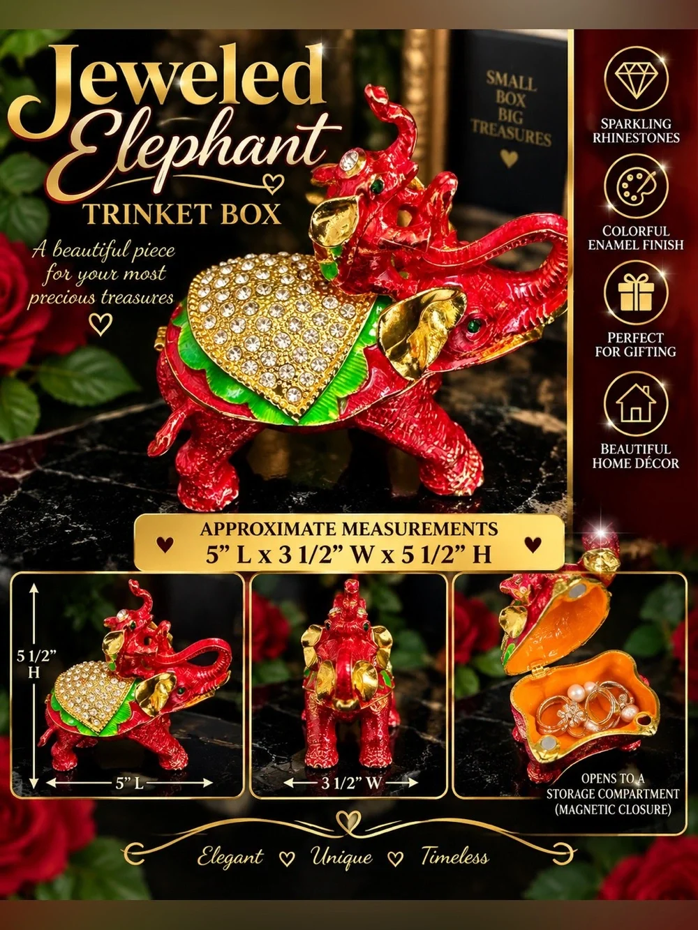 Jeweled Red Elephant Trinket Box Rhinestone Enamel Magnetic Jewelry Keepsake Box